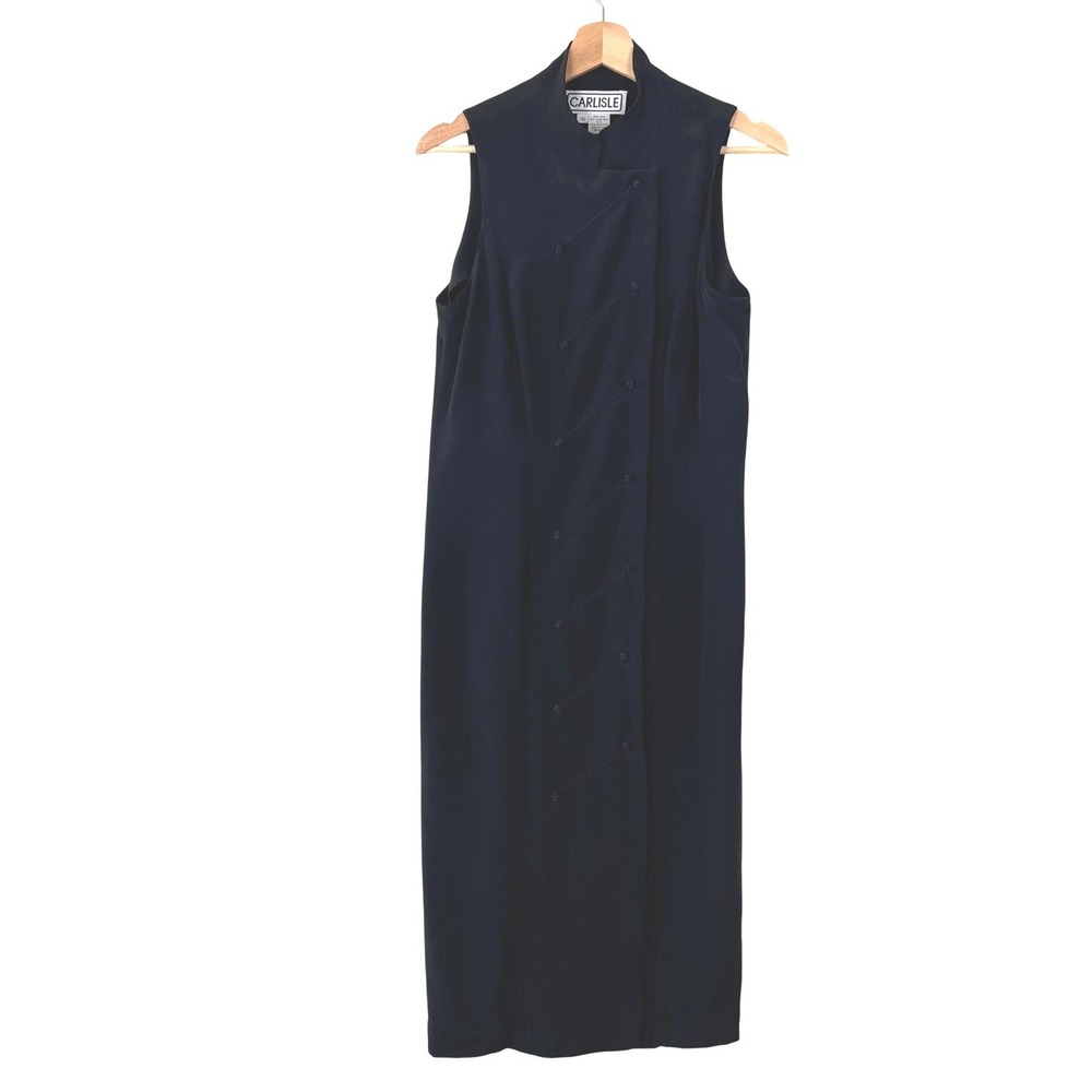 Carlisle Black 100% Silk‎ Mandarin Collar Frog Button Sleeveless Midi Dress 10